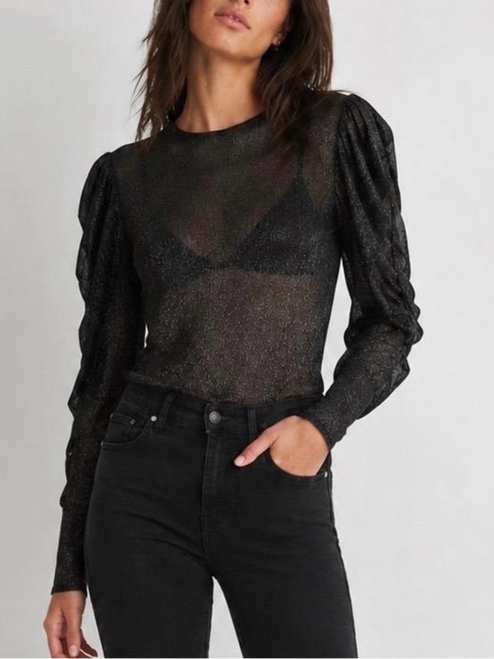 The Kooples Sheer Lurex Black Metallic Puff Sleeve Blouse Sz Small NWT
